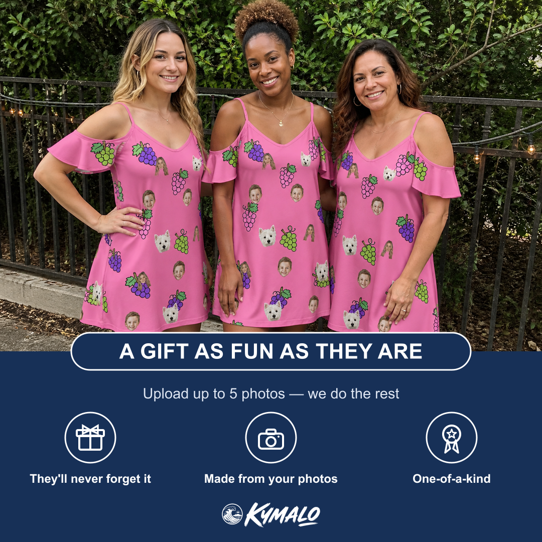 Friends in matching Women's Grape Escape Custom Face Off-Shoulder Dress — a group gift photo