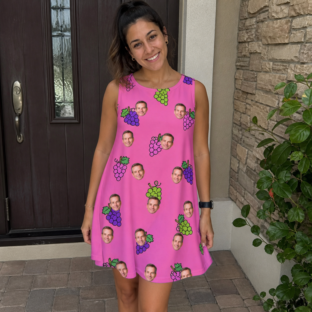 Real-life photo of someone wearing Women's Grape Escape Custom Face Tank Dress — custom faces printed all-over