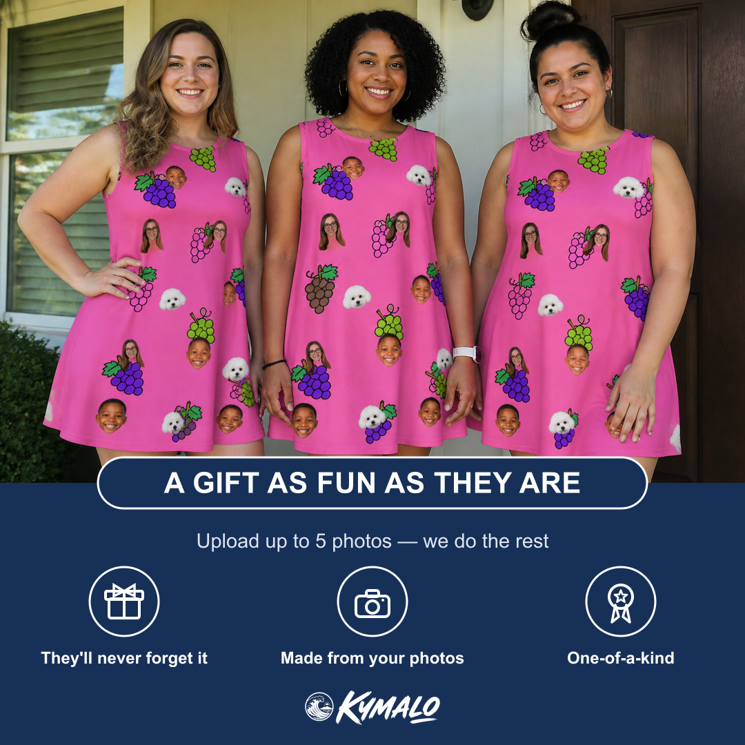 Friends in matching Women's Grape Escape Custom Face Tank Dress — a group gift photo