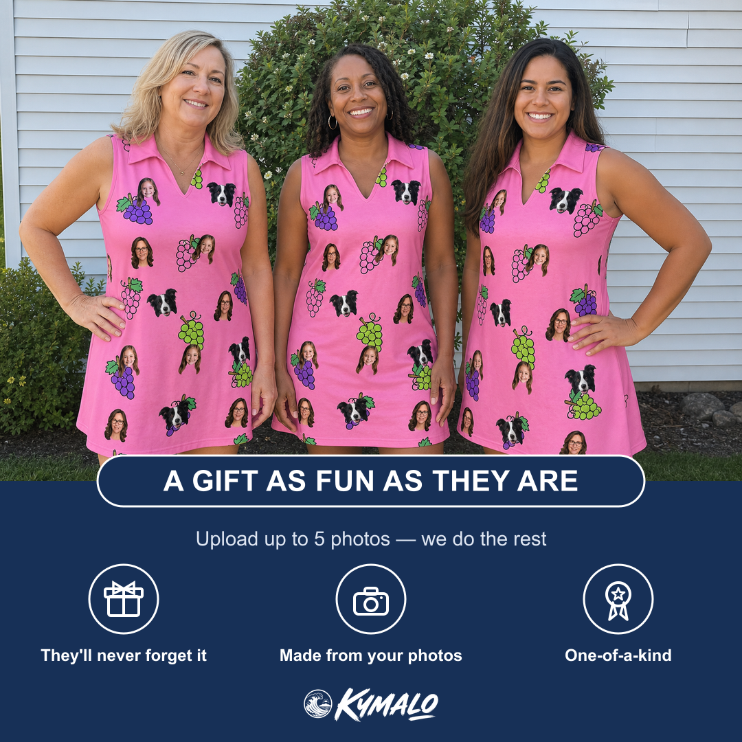 Friends in matching Women's Grape Escape Custom Face V-Neck Dress — a group gift photo