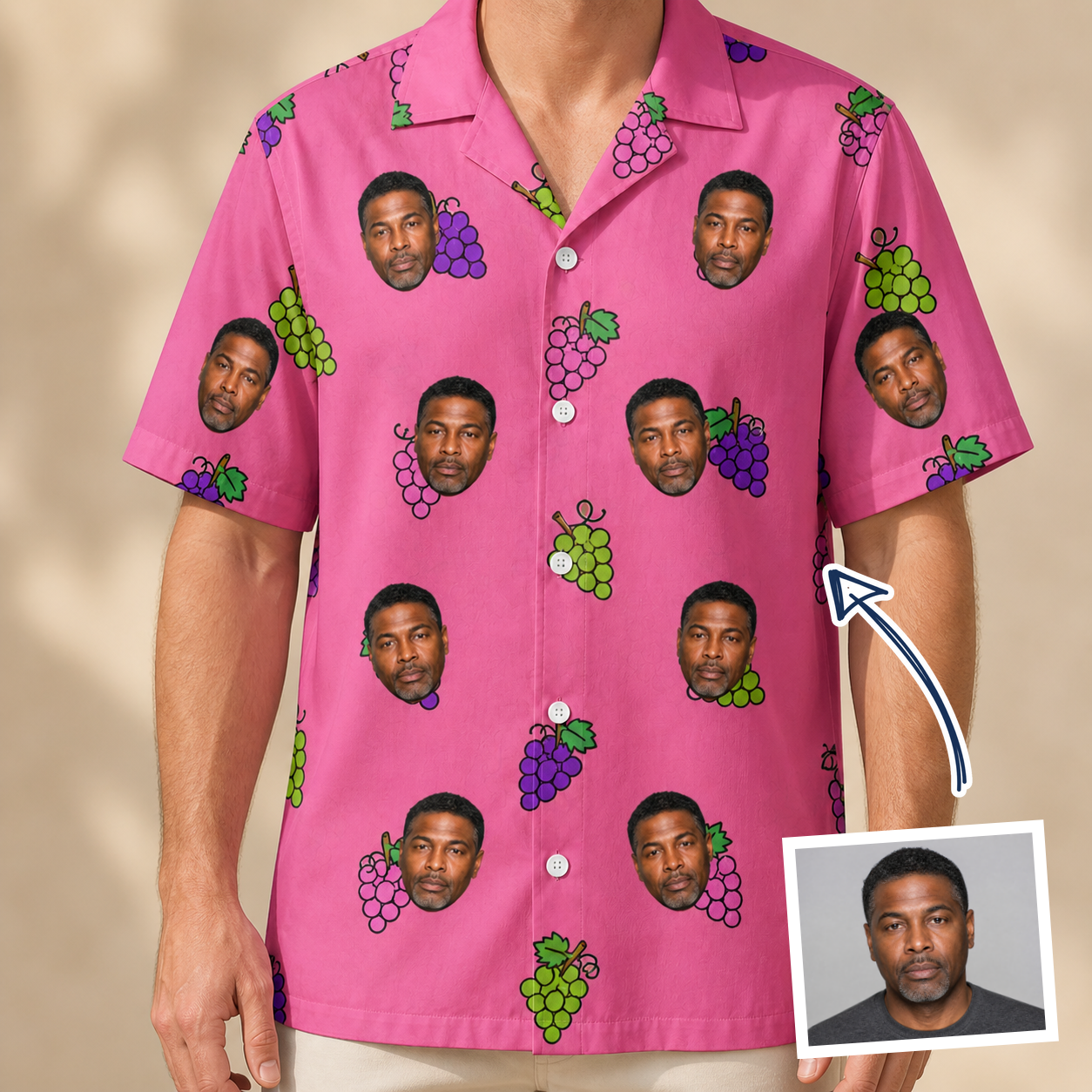 Man wearing Men's Grape Escape Custom Face Hawaiian Shirt — custom faces printed all-over