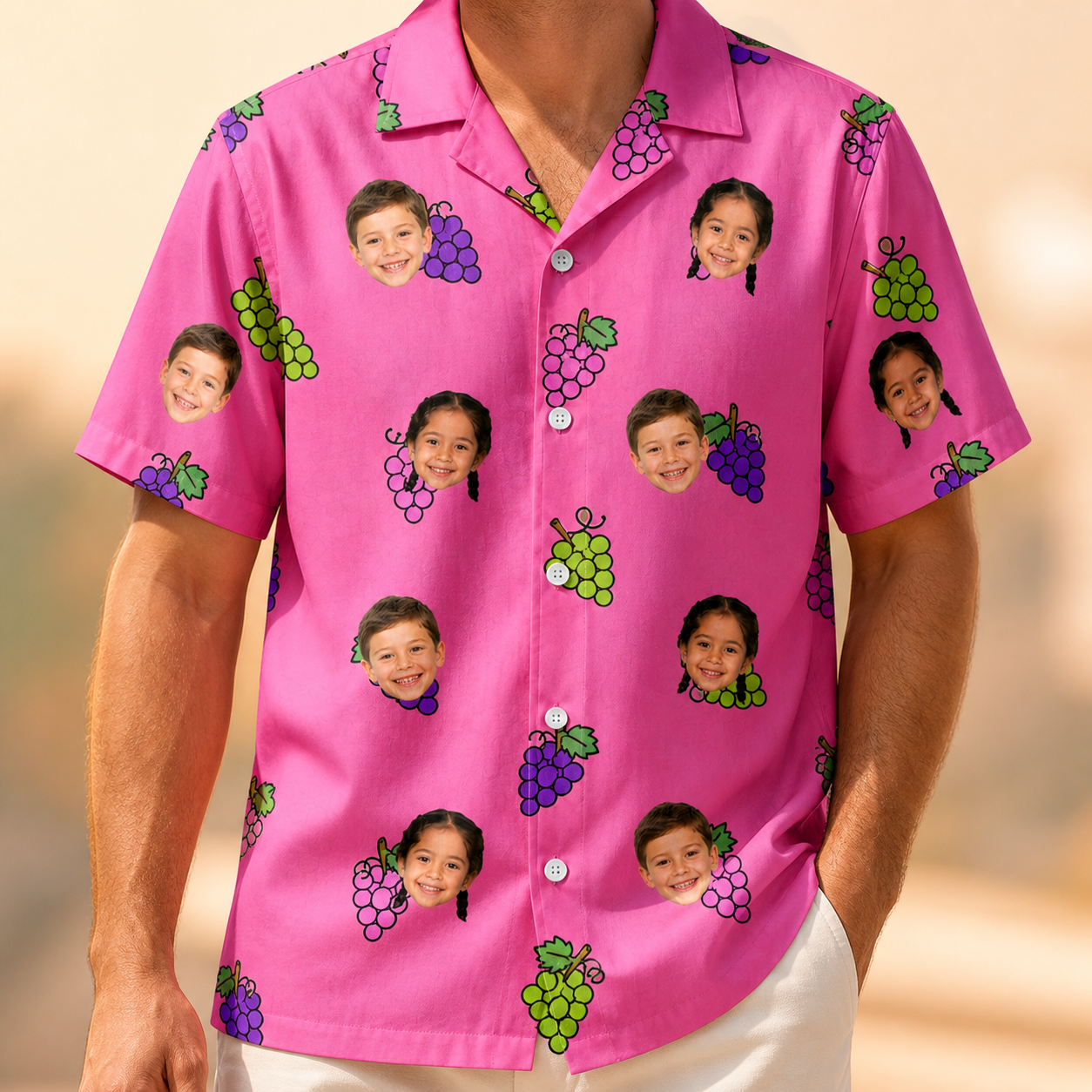 Model wearing Men's Grape Escape Custom Face Hawaiian Shirt printed with kids' faces
