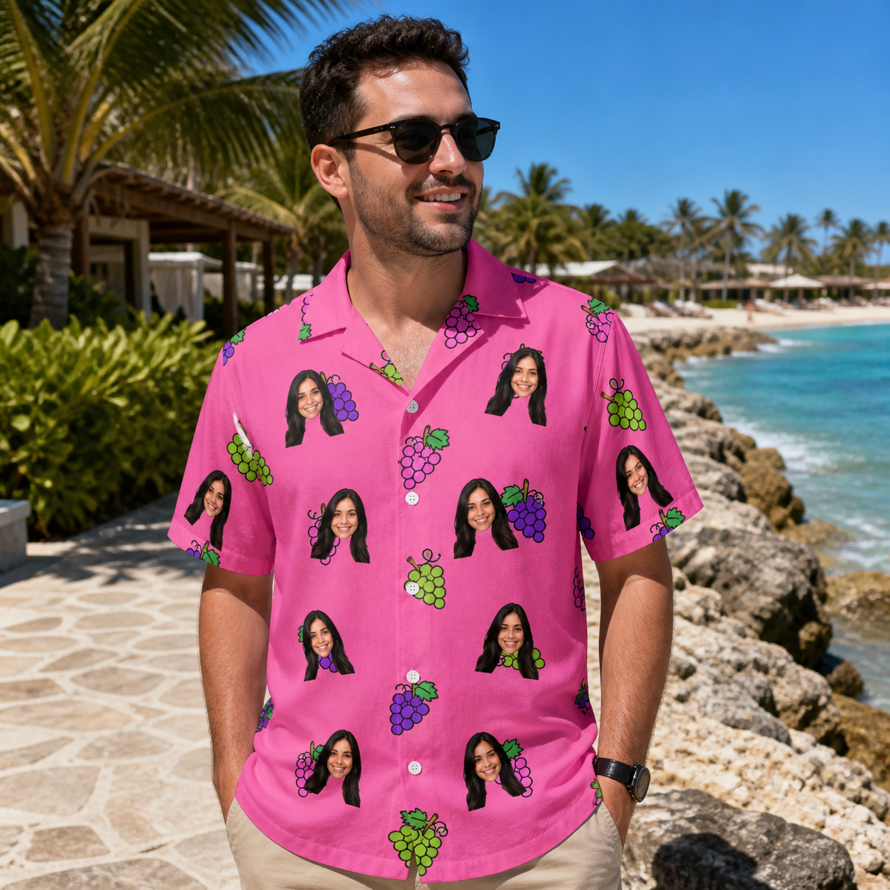 Real-life photo of someone wearing Men's Grape Escape Custom Face Hawaiian Shirt — custom faces printed all-over