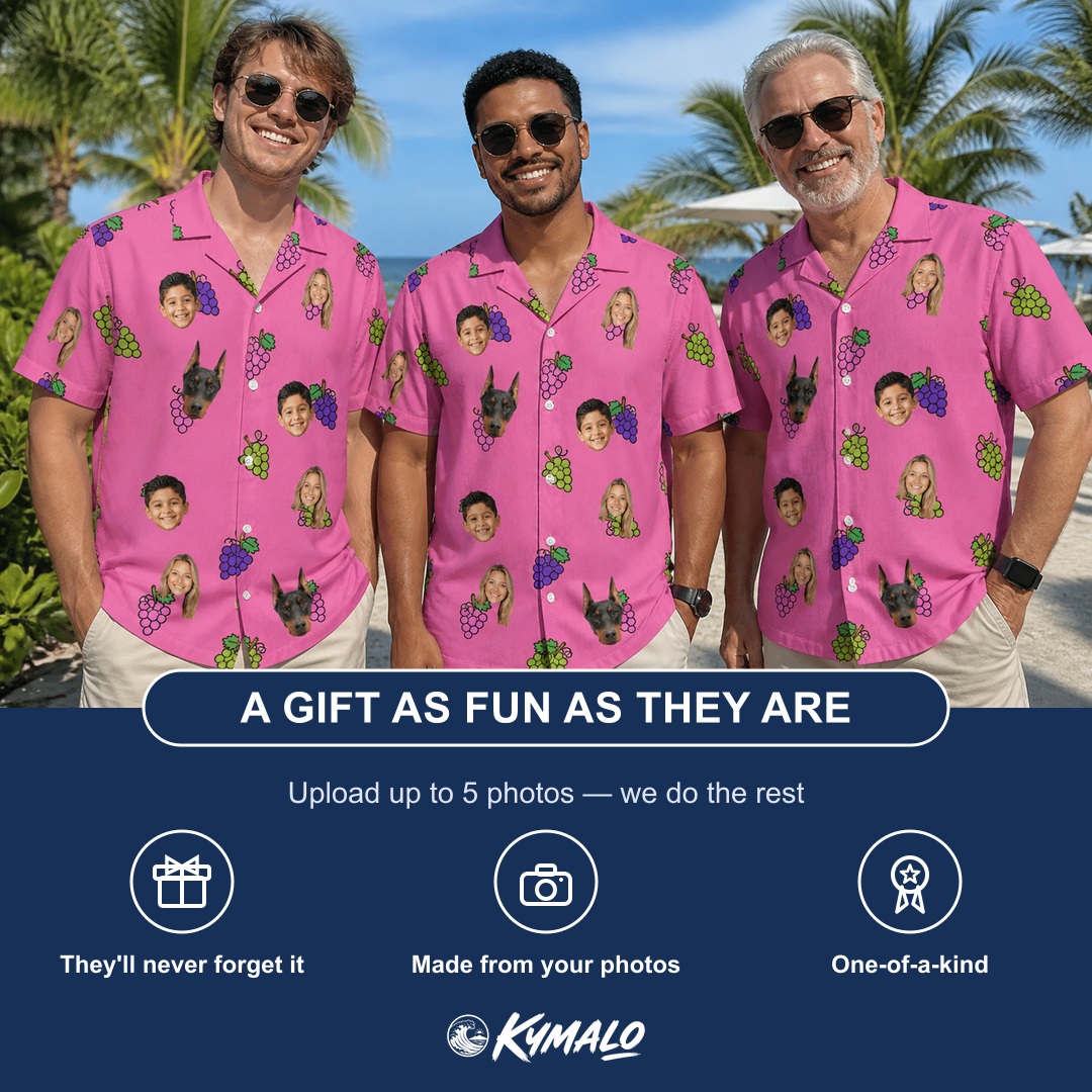 Friends in matching Men's Grape Escape Custom Face Hawaiian Shirt — a group gift photo