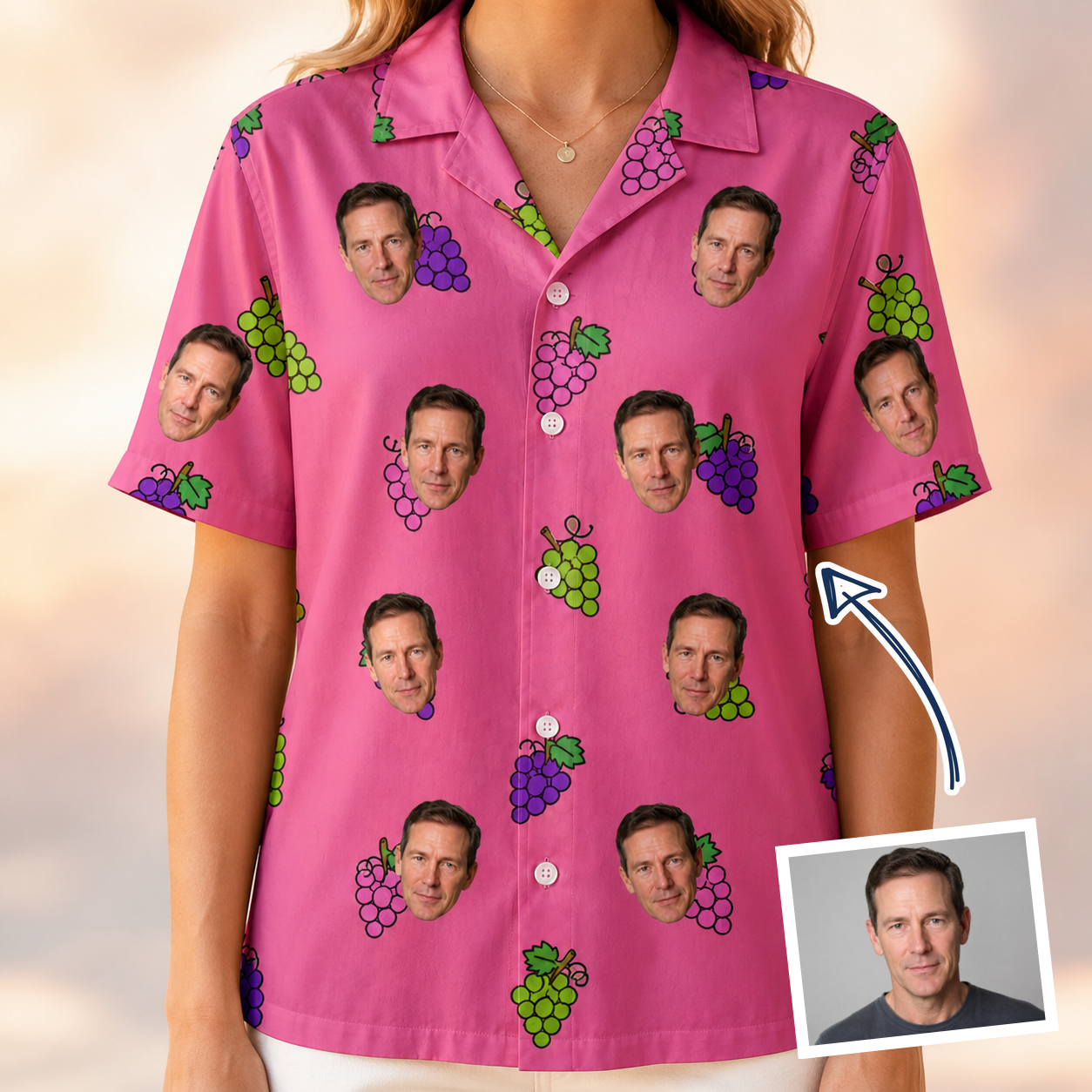 Woman wearing Women's Grape Escape Custom Face Hawaiian Shirt — custom faces printed all-over