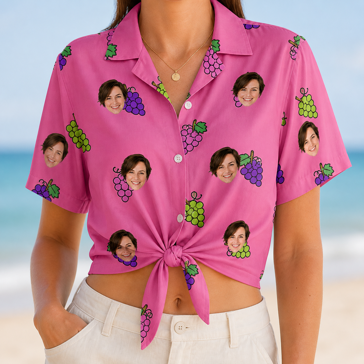 Woman wearing Women's Grape Escape Custom Face Hawaiian Shirt tied at the waist