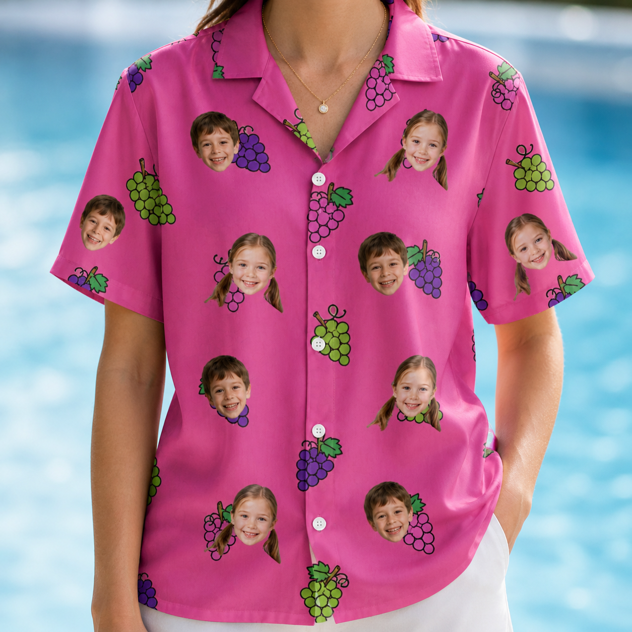 Model wearing Women's Grape Escape Custom Face Hawaiian Shirt printed with kids' faces