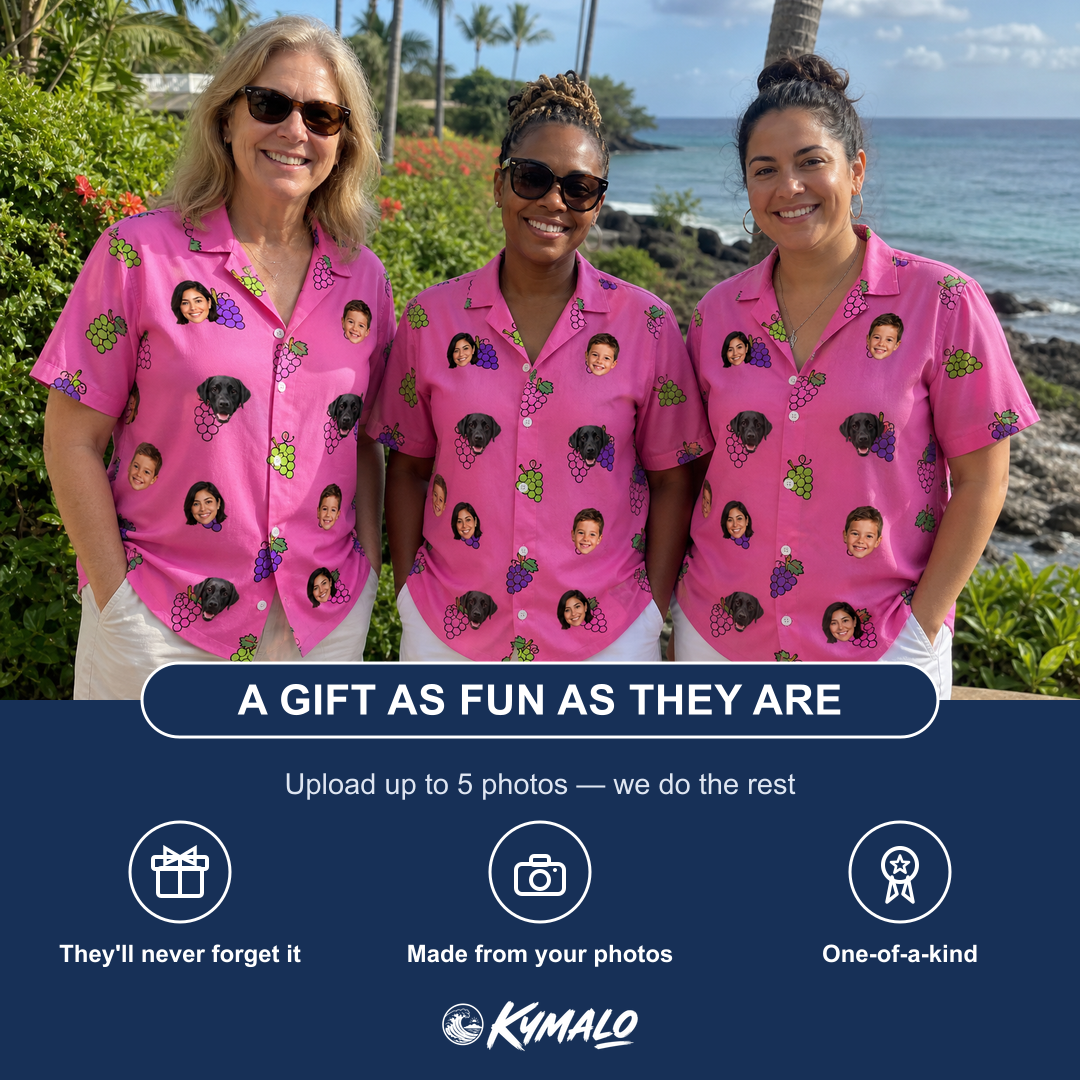 Friends in matching Women's Grape Escape Custom Face Hawaiian Shirt — a group gift photo