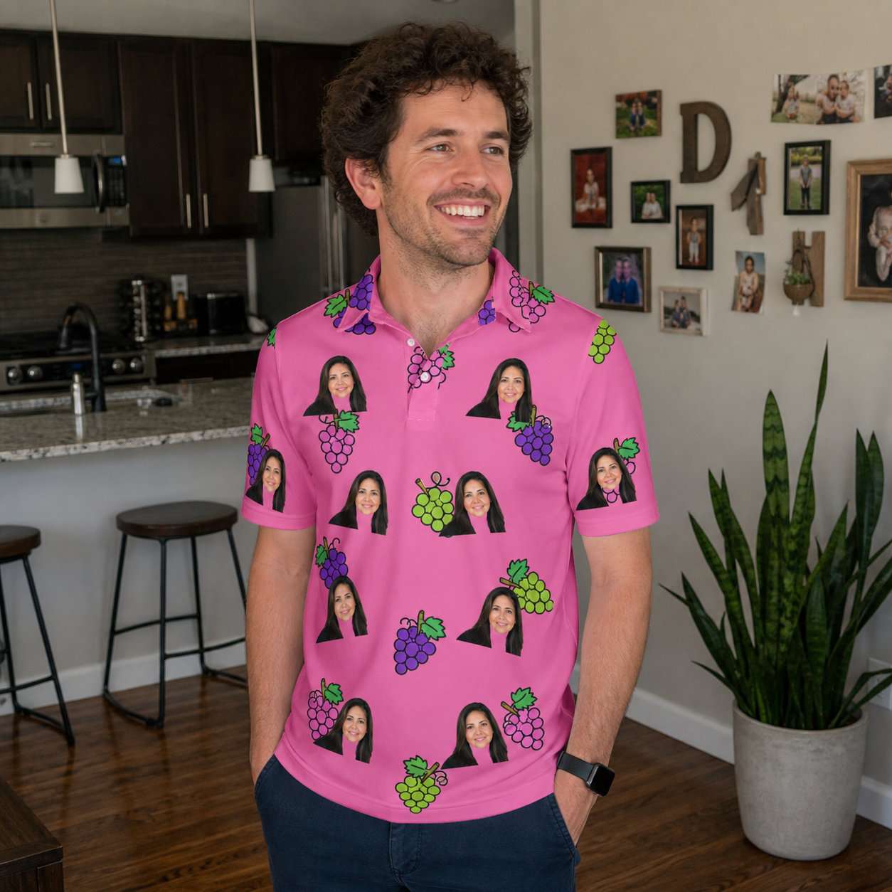Real-life photo of someone wearing Men's Grape Escape Custom Face Polo Shirt — custom faces printed all-over