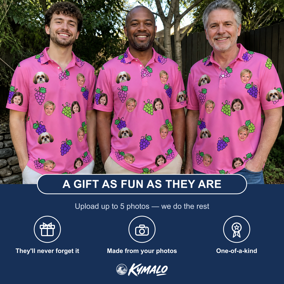 Friends in matching Men's Grape Escape Custom Face Polo Shirt — a group gift photo