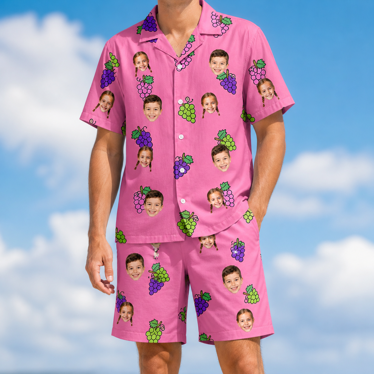 Model wearing Men's Grape Escape Custom Face Shirt & Shorts Set printed with kids' faces