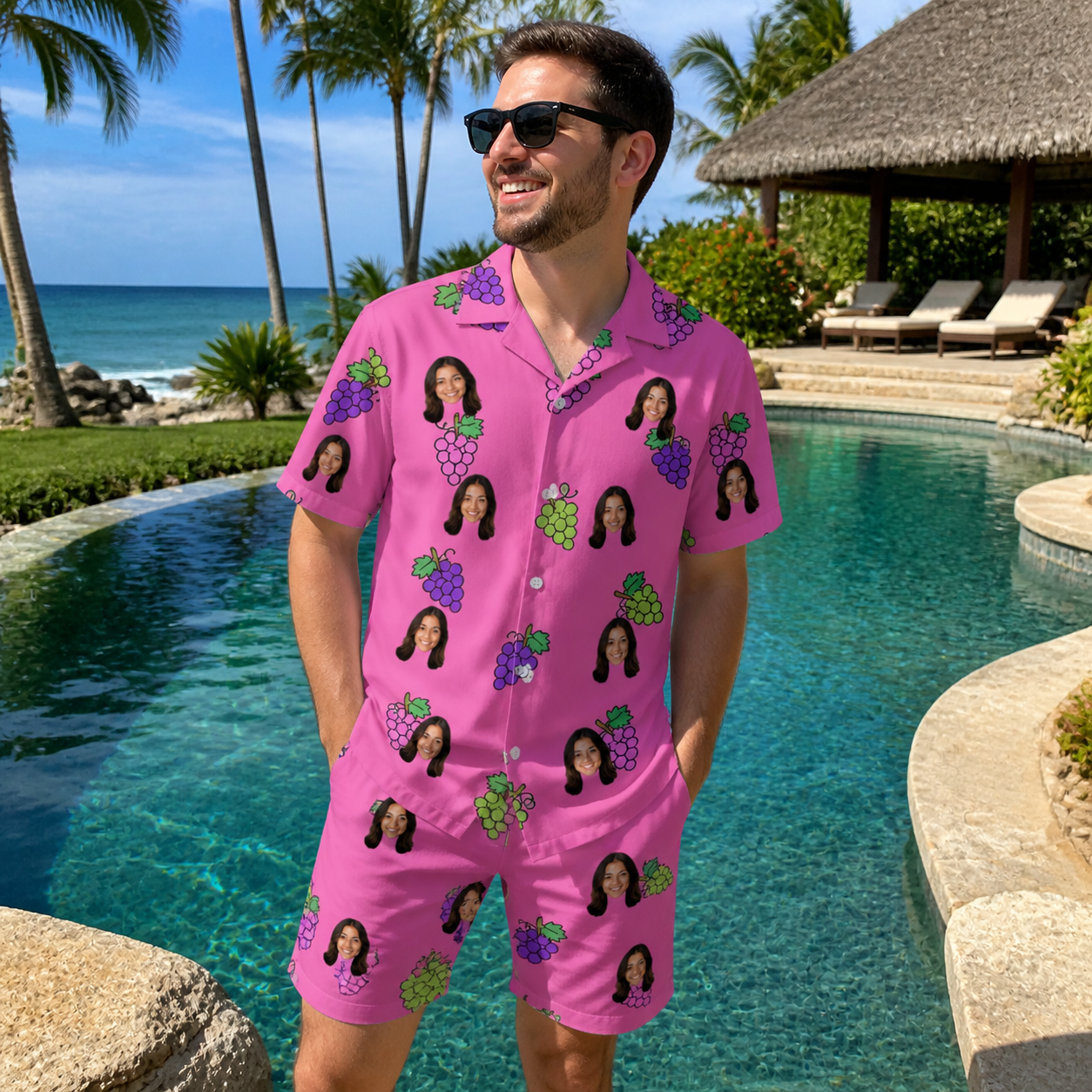 Real-life photo of someone wearing Men's Grape Escape Custom Face Shirt & Shorts Set — custom faces printed all-over