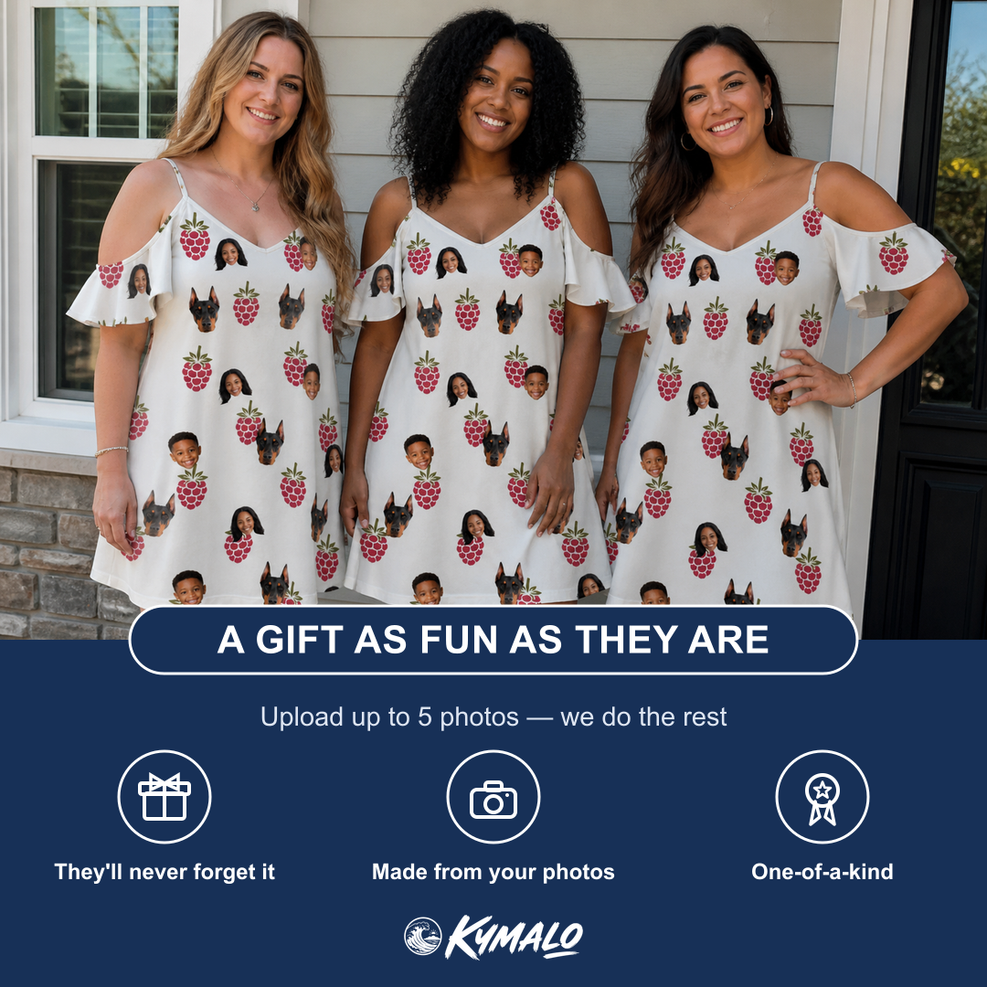 Friends in matching Women's Raspberry Rhapsody Custom Face Off-Shoulder Dress — a group gift photo