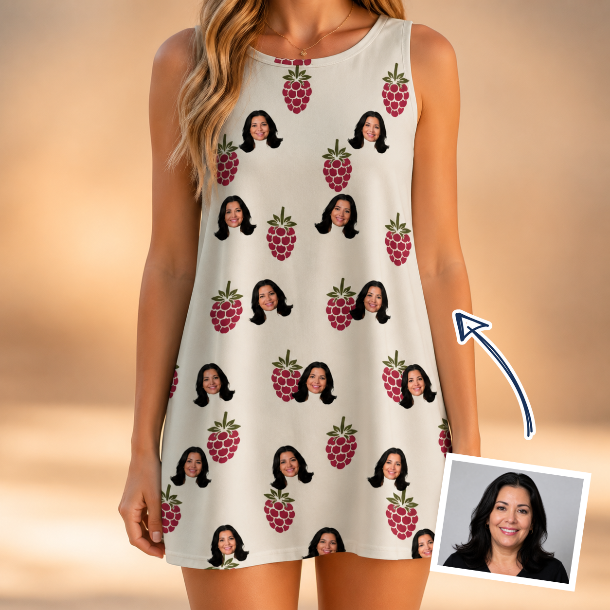 Woman wearing Women's Raspberry Rhapsody Custom Face Tank Dress — custom faces printed all-over