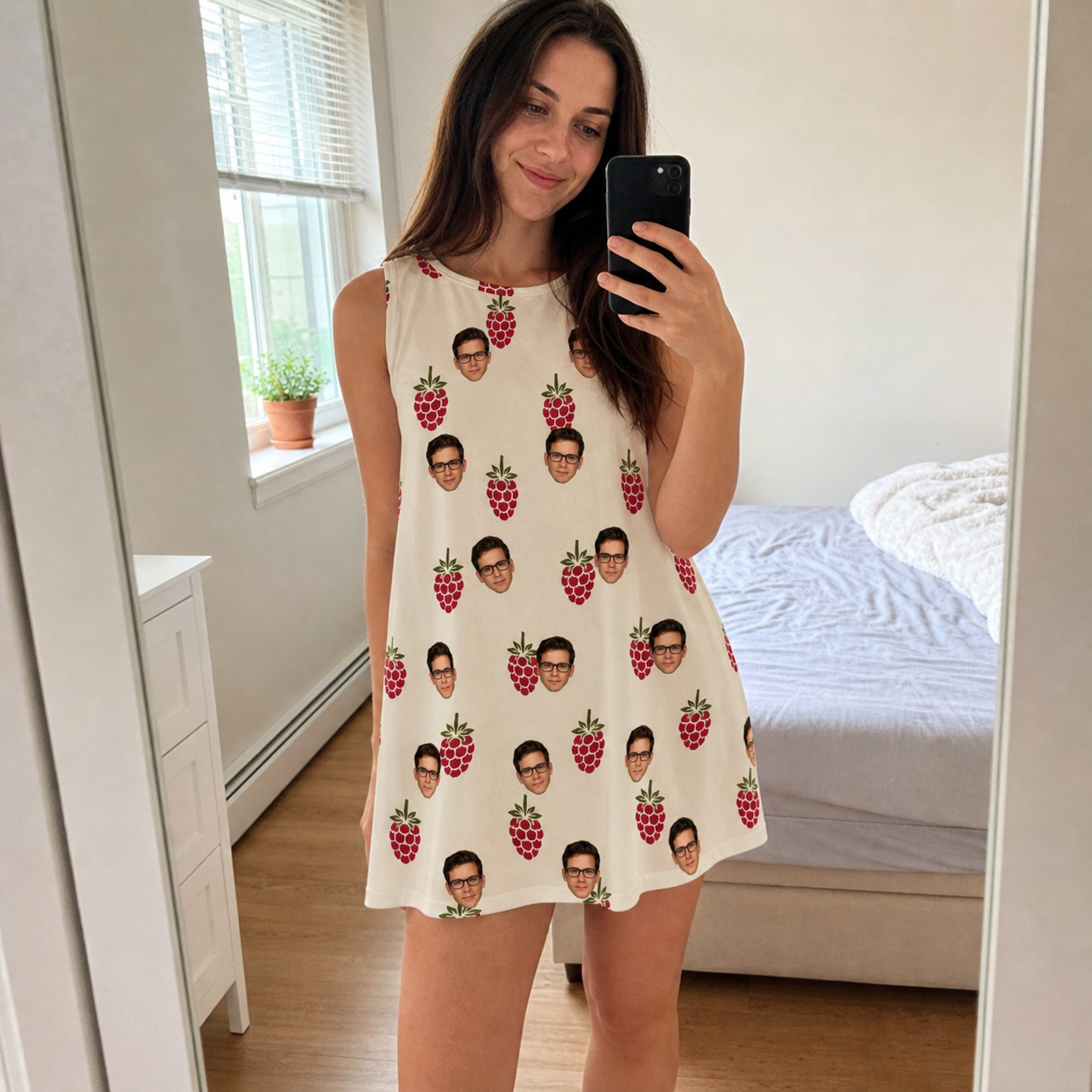 Real-life photo of someone wearing Women's Raspberry Rhapsody Custom Face Tank Dress — custom faces printed all-over