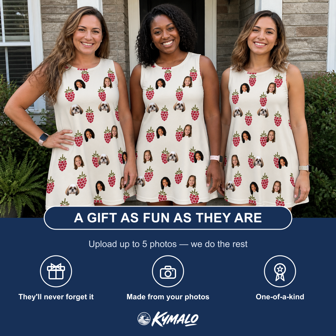 Friends in matching Women's Raspberry Rhapsody Custom Face Tank Dress — a group gift photo