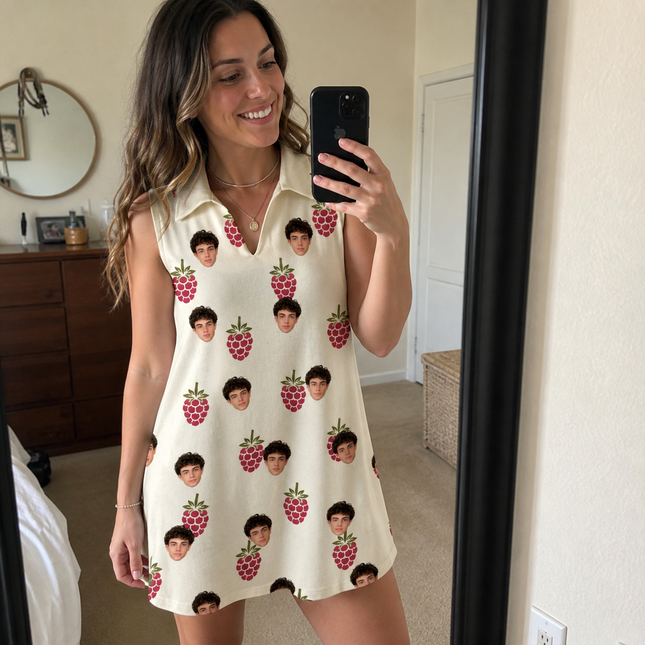 Real-life photo of someone wearing Women's Raspberry Rhapsody Custom Face V-Neck Dress — custom faces printed all-over