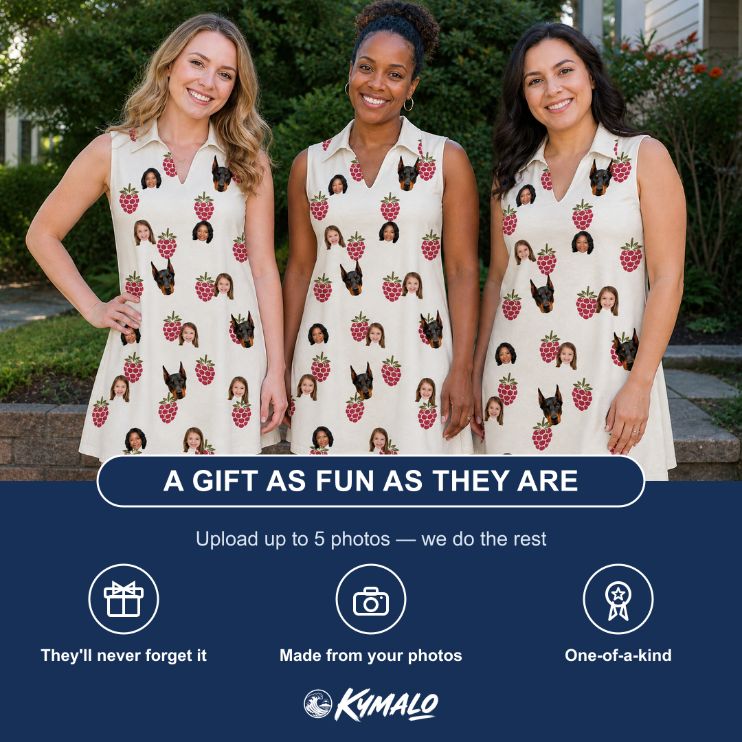 Friends in matching Women's Raspberry Rhapsody Custom Face V-Neck Dress — a group gift photo