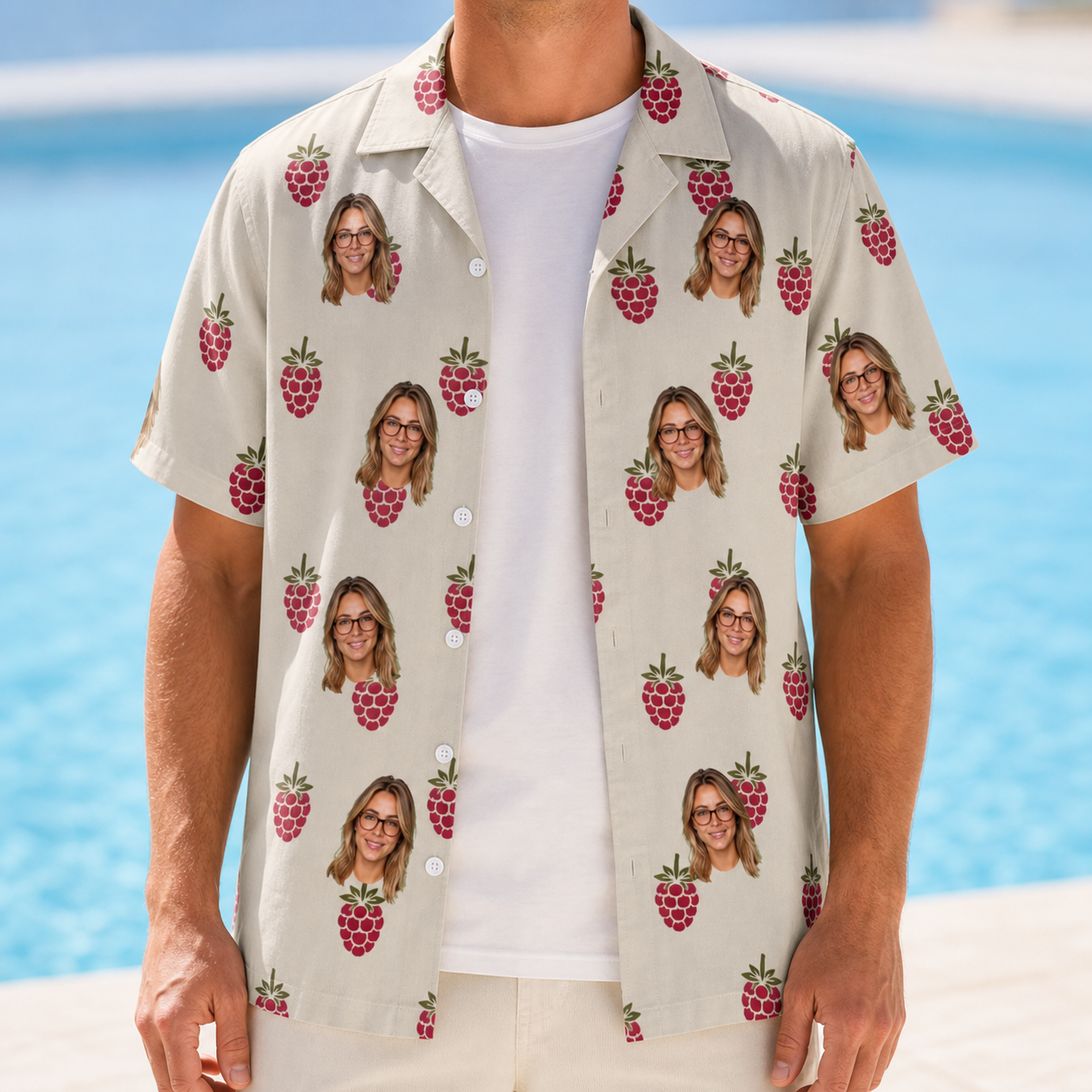 Man wearing Men's Raspberry Rhapsody Custom Face Hawaiian Shirt open over a white tee