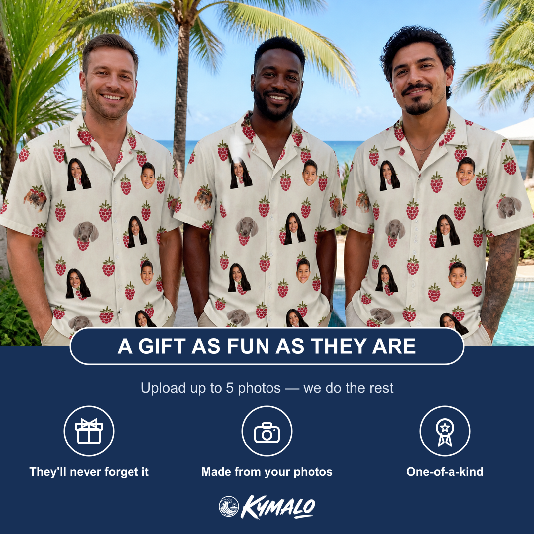 Friends in matching Men's Raspberry Rhapsody Custom Face Hawaiian Shirt — a group gift photo