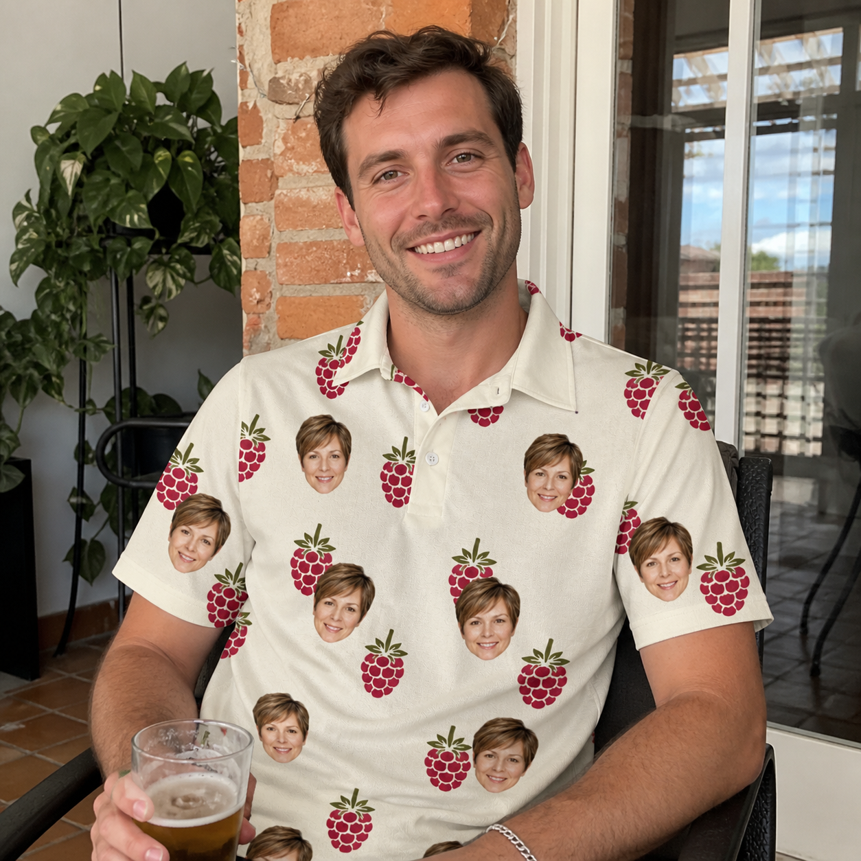Real-life photo of someone wearing Men's Raspberry Rhapsody Custom Face Polo Shirt — custom faces printed all-over