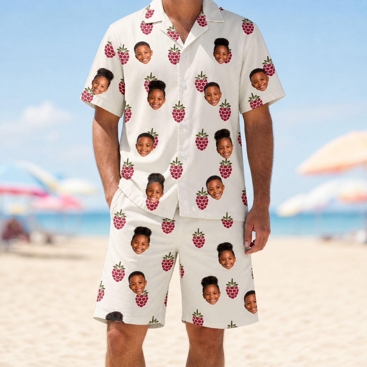 Model wearing Men's Raspberry Rhapsody Custom Face Shirt & Shorts Set printed with kids' faces
