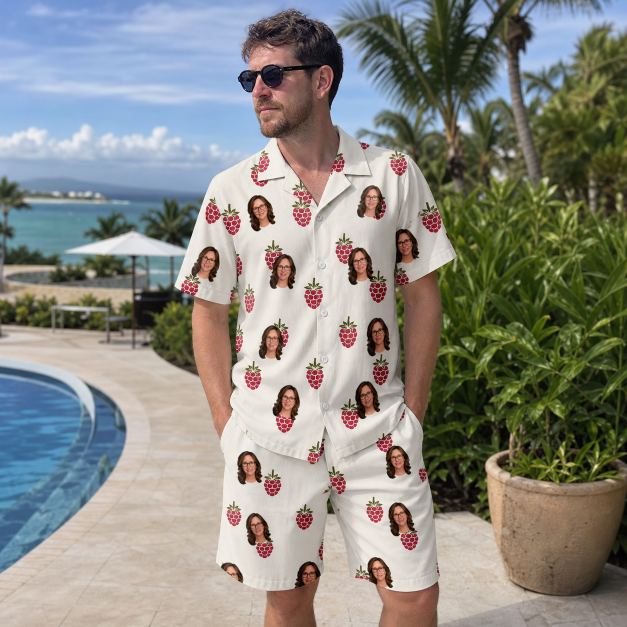Real-life photo of someone wearing Men's Raspberry Rhapsody Custom Face Shirt & Shorts Set — custom faces printed all-over