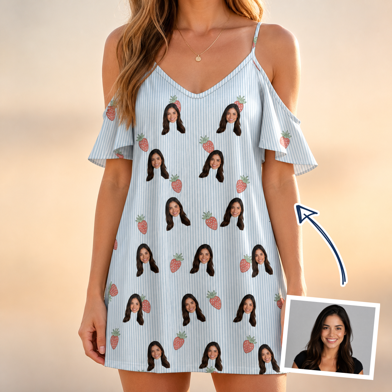 Woman wearing Women's Berry Merry Custom Face Off-Shoulder Dress — custom faces printed all-over