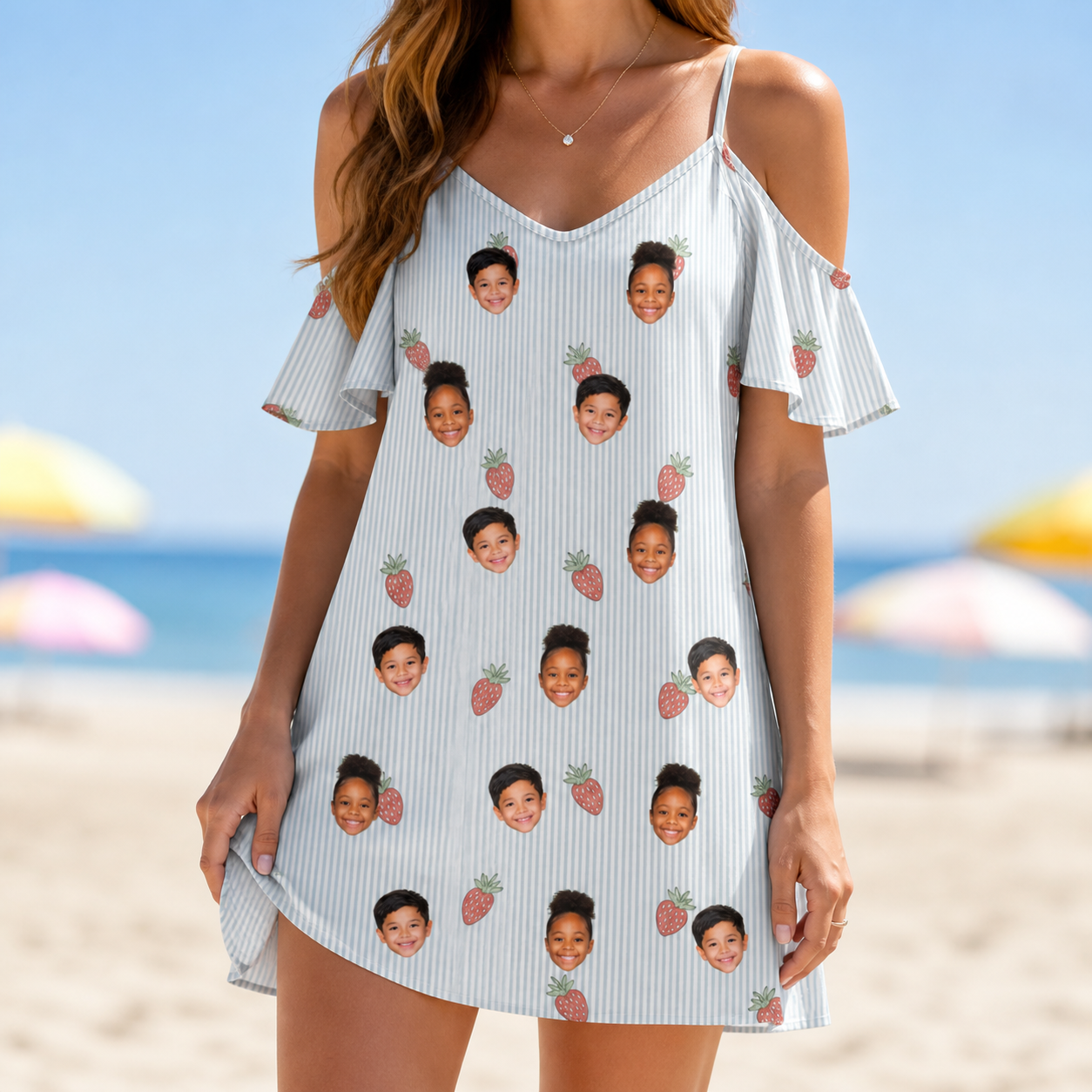 Model wearing Women's Berry Merry Custom Face Off-Shoulder Dress printed with kids' faces