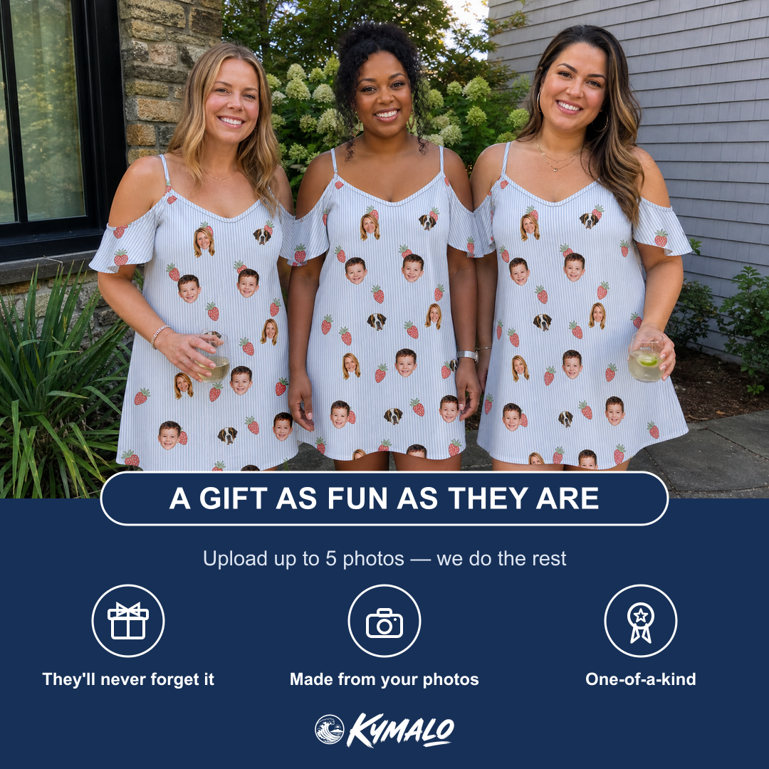 Friends in matching Women's Berry Merry Custom Face Off-Shoulder Dress — a group gift photo