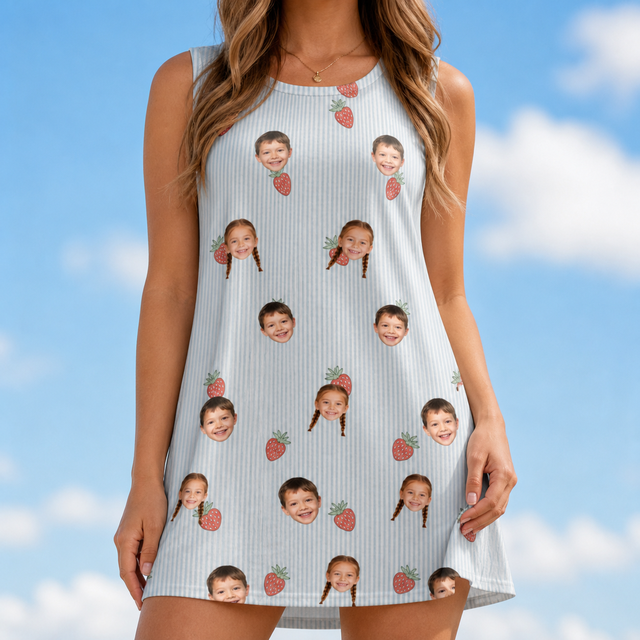Model wearing Women's Berry Merry Custom Face Tank Dress printed with kids' faces