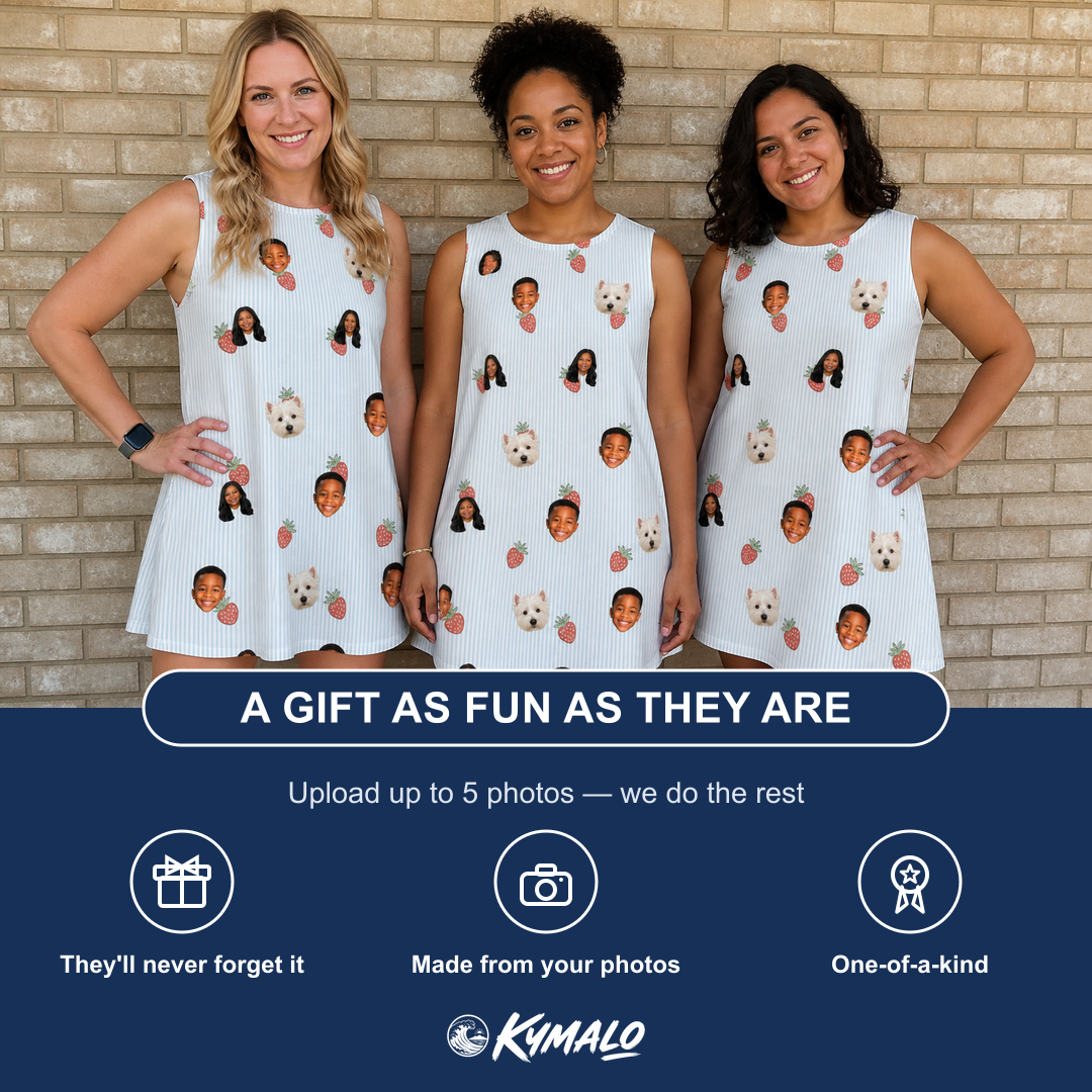 Friends in matching Women's Berry Merry Custom Face Tank Dress — a group gift photo