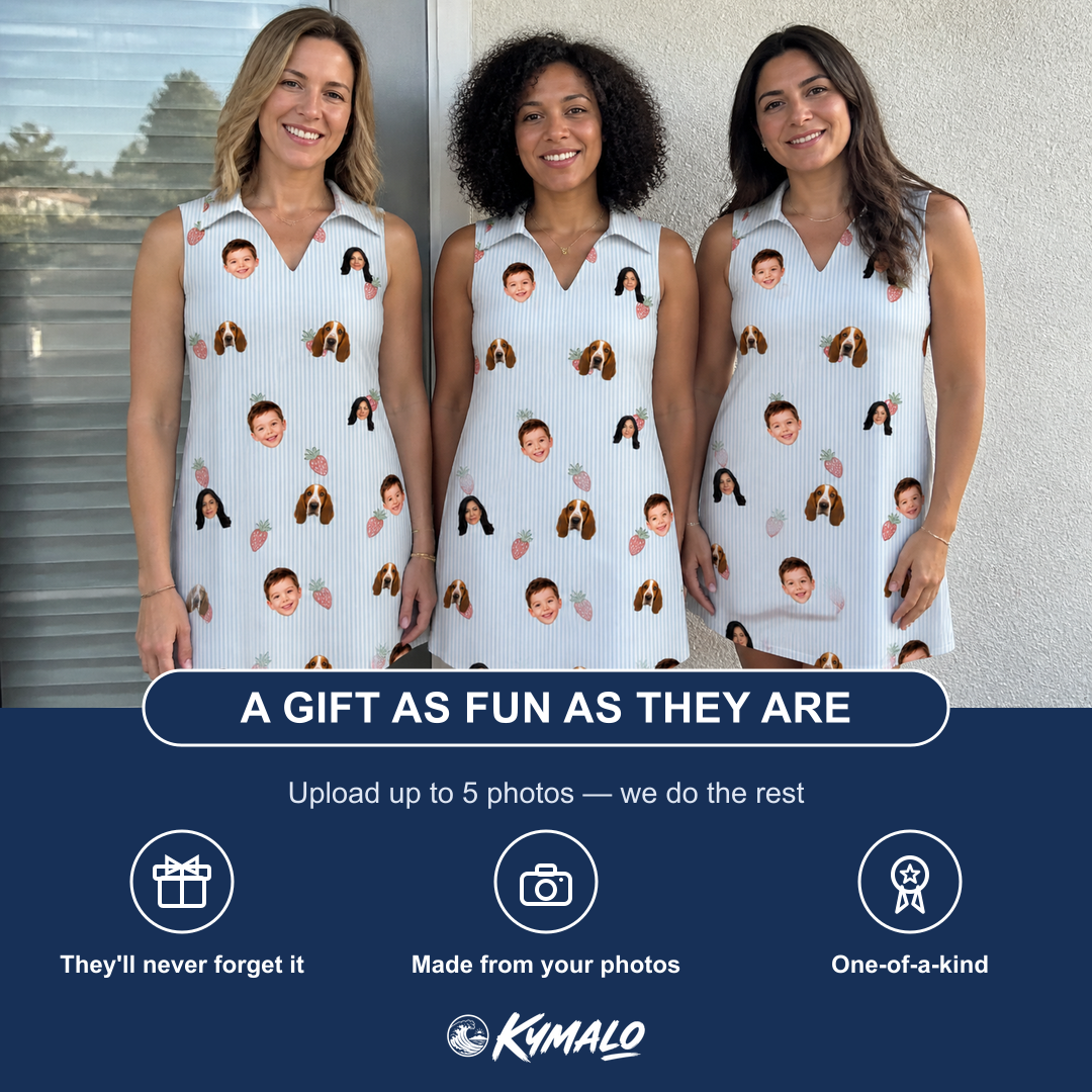 Friends in matching Women's Berry Merry Custom Face V-Neck Dress — a group gift photo