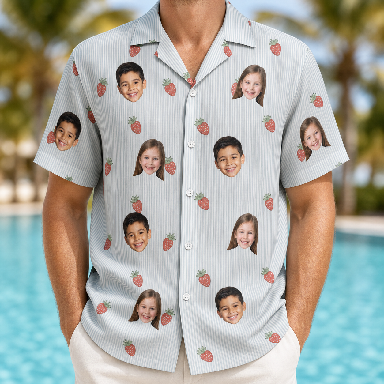 Model wearing Men's Berry Merry Custom Face Hawaiian Shirt printed with kids' faces