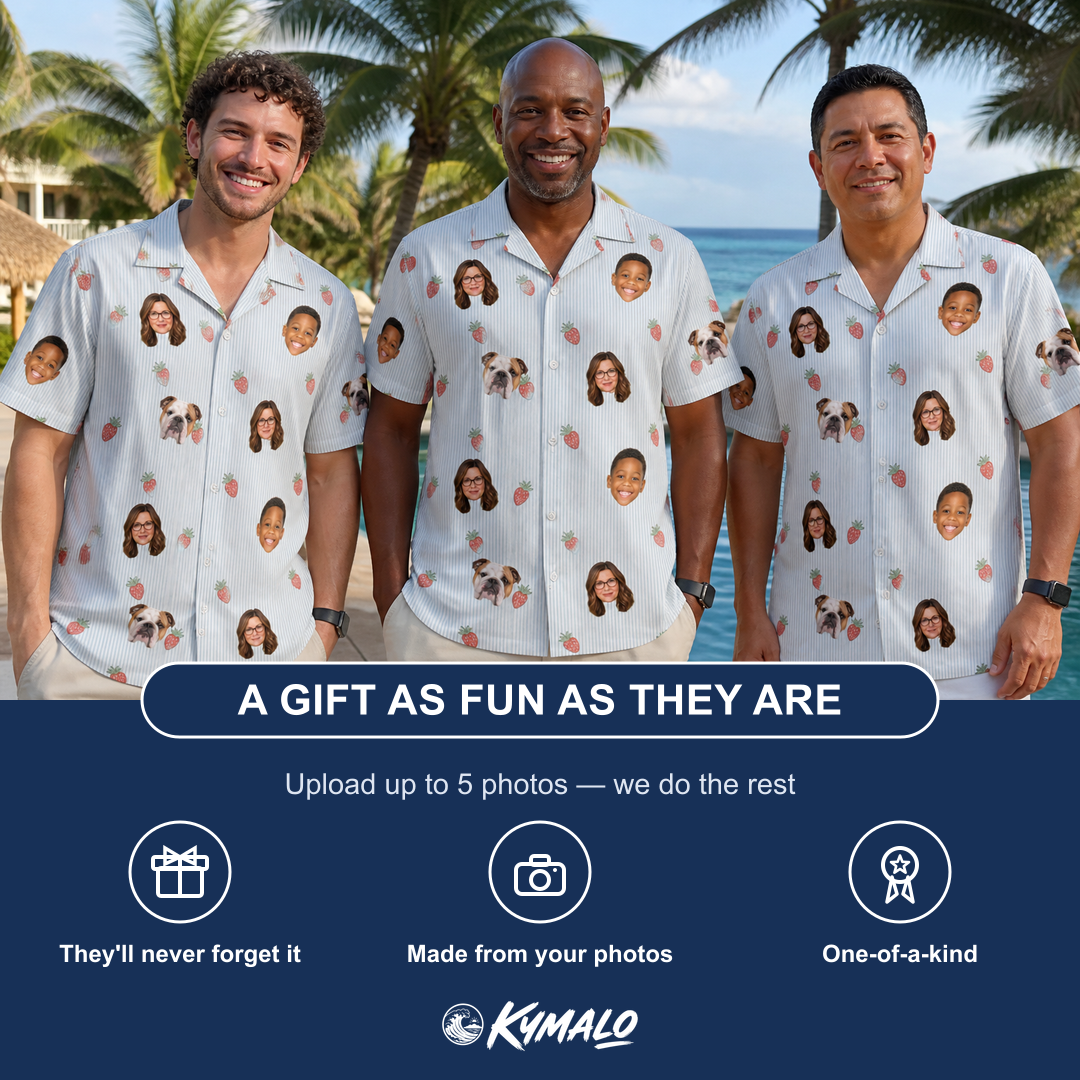 Friends in matching Men's Berry Merry Custom Face Hawaiian Shirt — a group gift photo