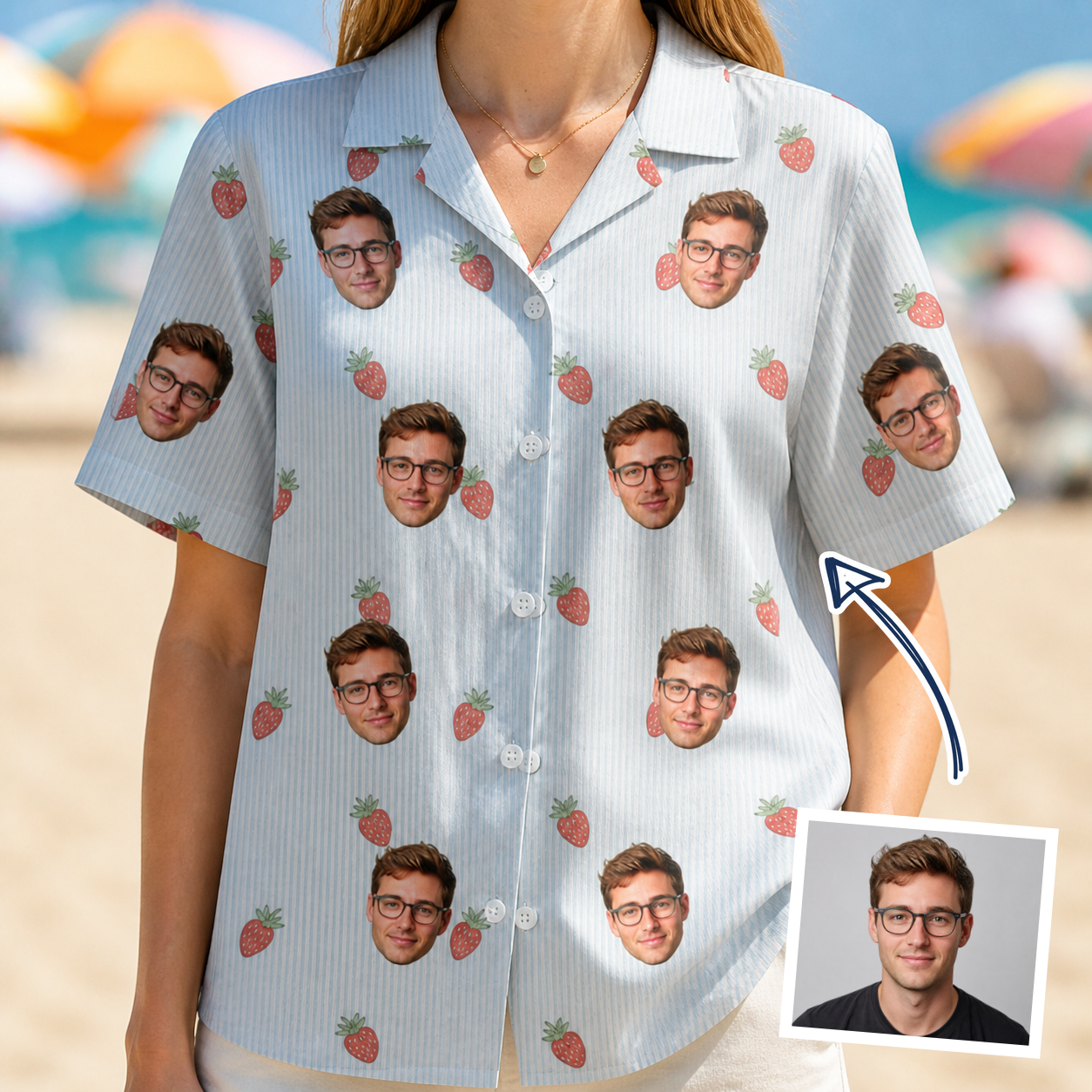 Woman wearing Women's Berry Merry Custom Face Hawaiian Shirt — custom faces printed all-over