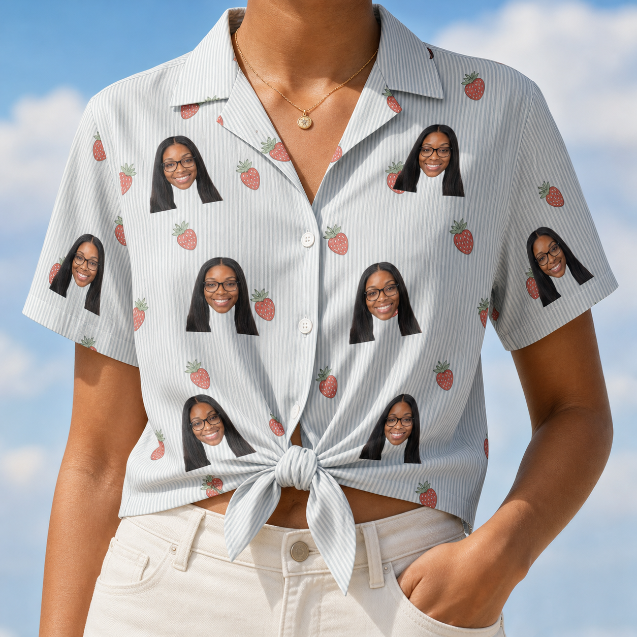 Woman wearing Women's Berry Merry Custom Face Hawaiian Shirt tied at the waist