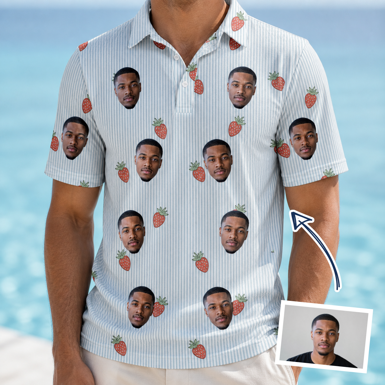 Man wearing Men's Berry Merry Custom Face Polo Shirt — custom faces printed all-over