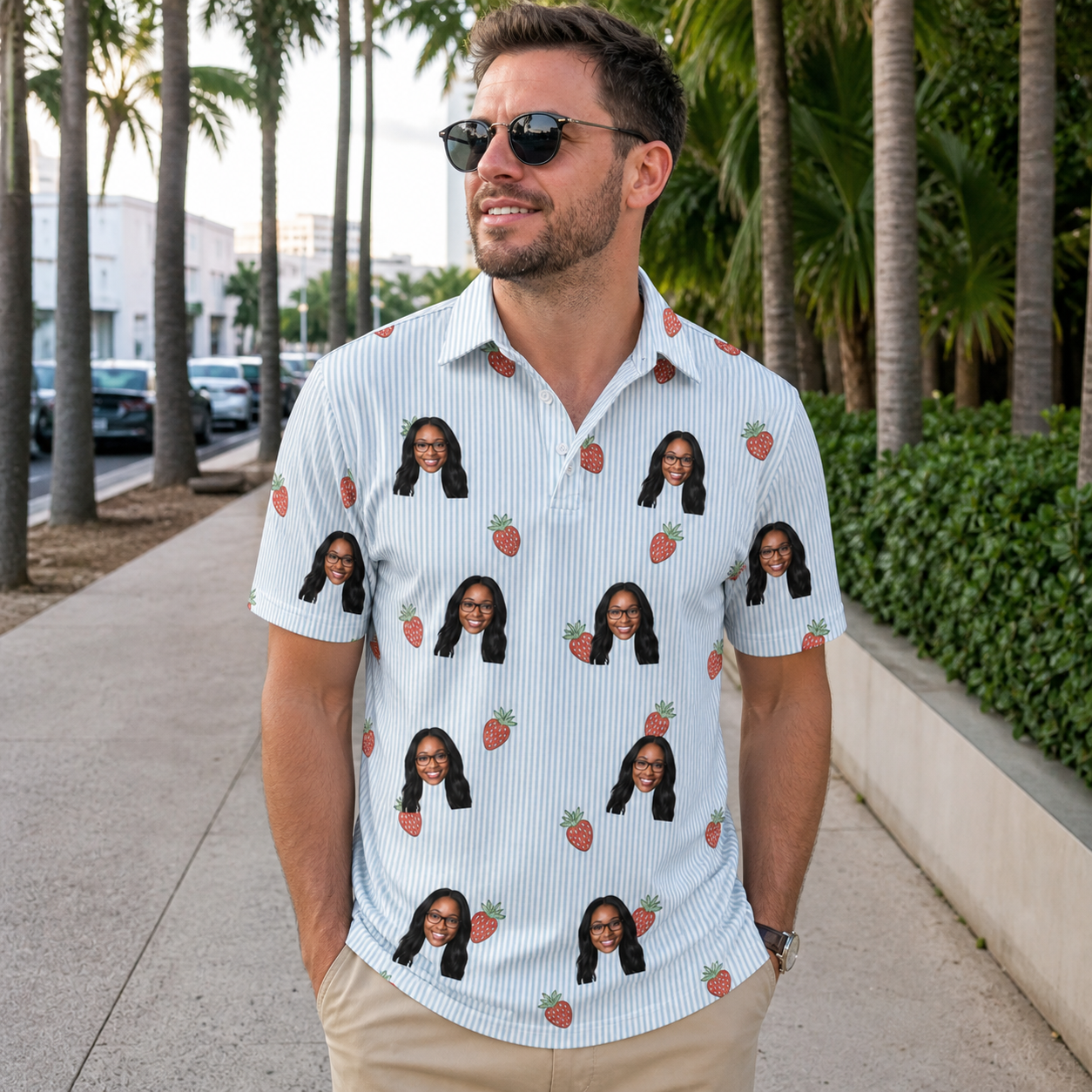 Real-life photo of someone wearing Men's Berry Merry Custom Face Polo Shirt — custom faces printed all-over