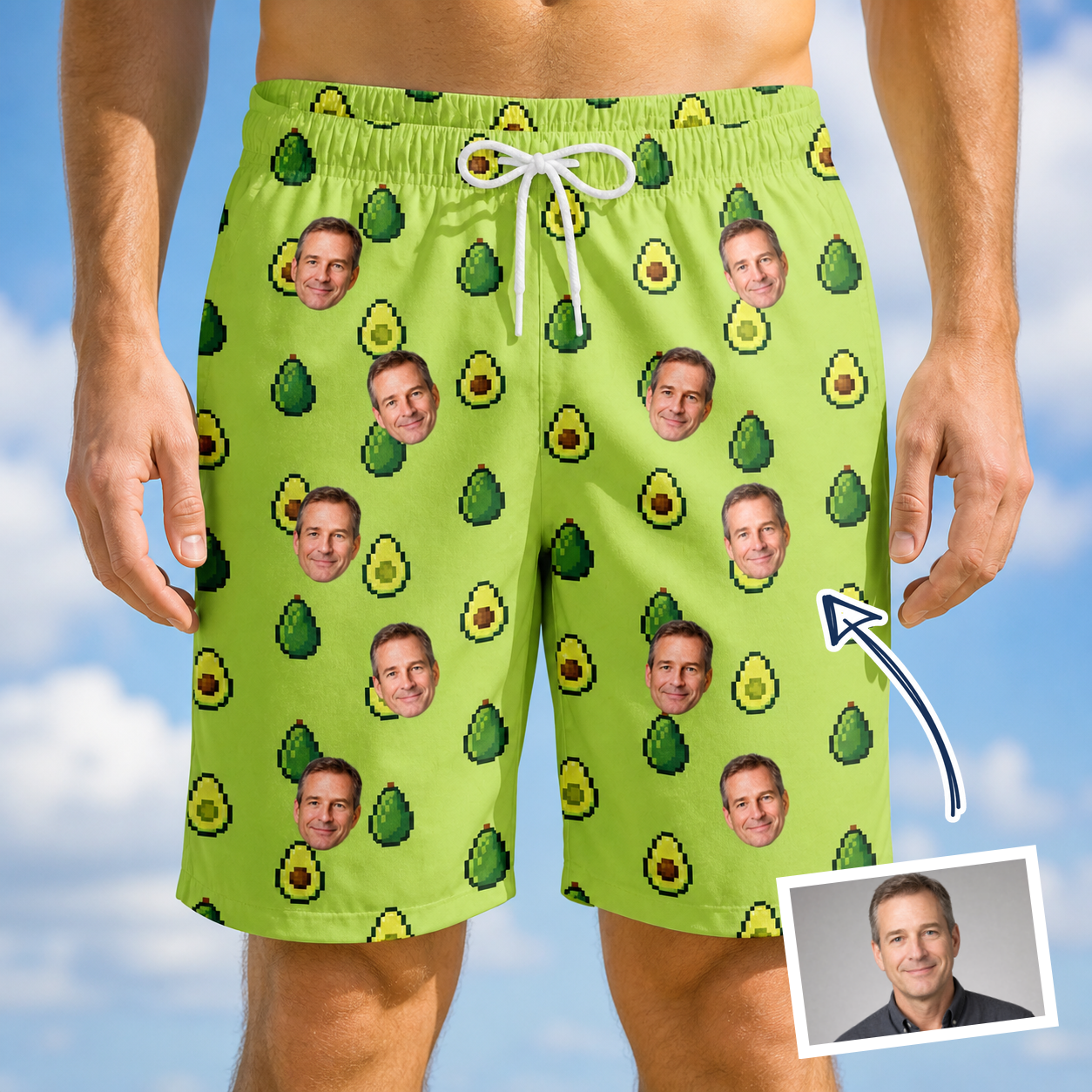 Man wearing Men's Avo Groove Custom Face Beach Shorts — custom faces printed all-over