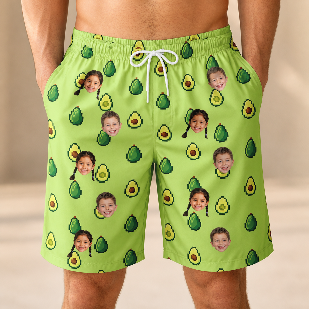 Model wearing Men's Avo Groove Custom Face Beach Shorts printed with kids' faces
