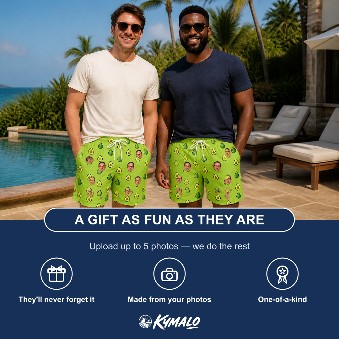 Friends in matching Men's Avo Groove Custom Face Beach Shorts — a group gift photo