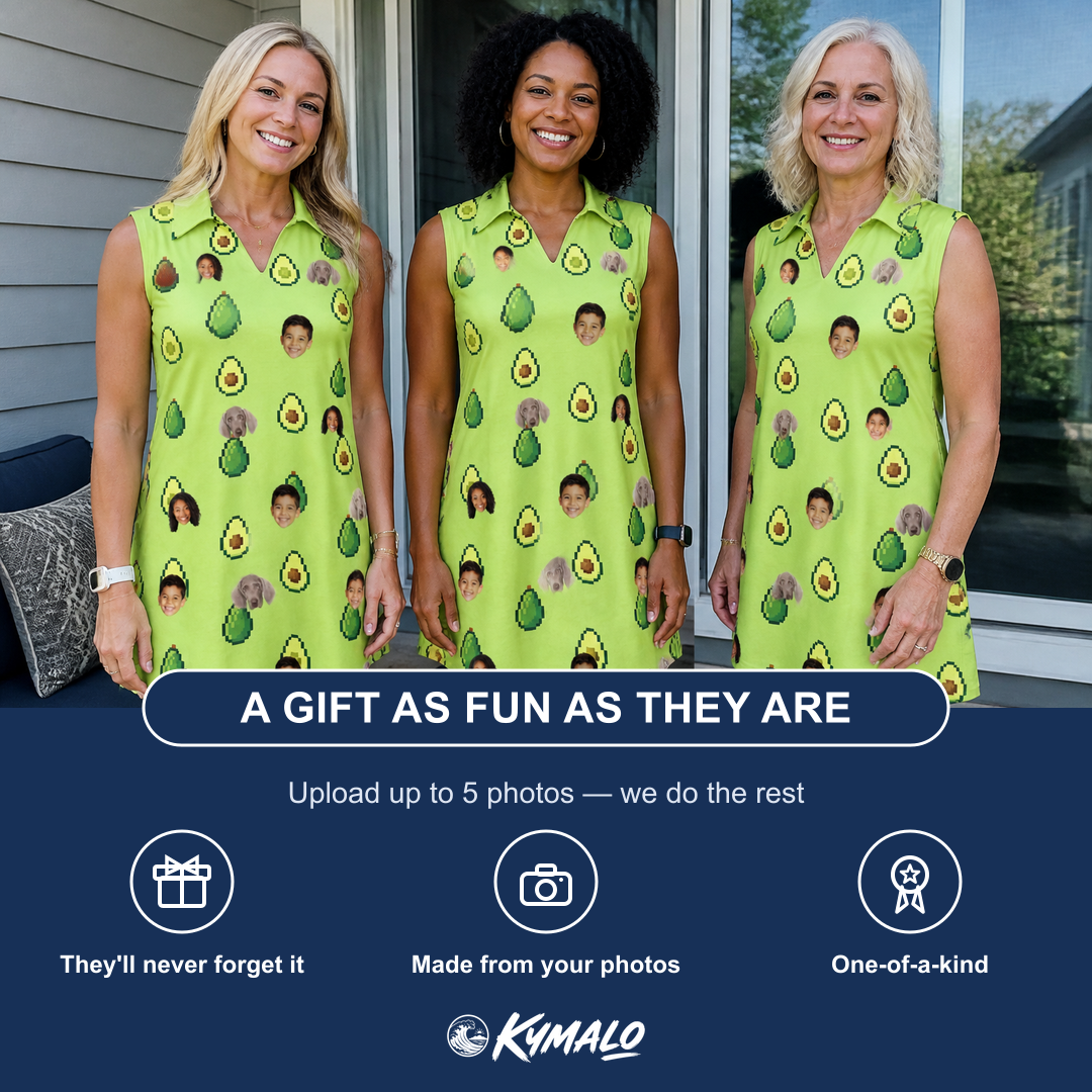 Friends in matching Women's Avo Groove Custom Face V-Neck Dress — a group gift photo