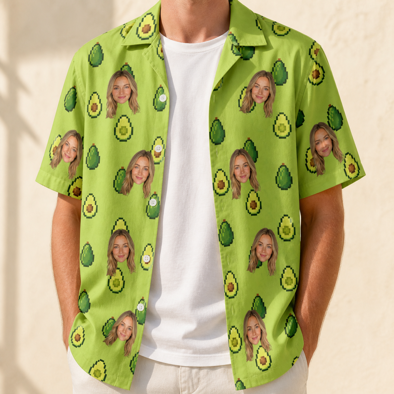 Man wearing Men's Avo Groove Custom Face Hawaiian Shirt open over a white tee