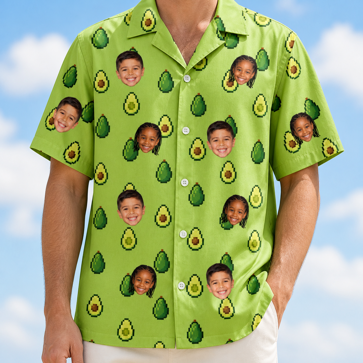 Model wearing Men's Avo Groove Custom Face Hawaiian Shirt printed with kids' faces