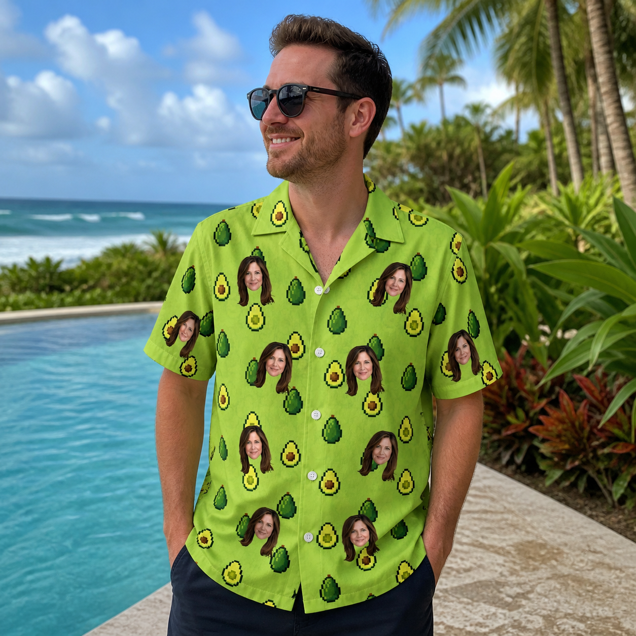 Real-life photo of someone wearing Men's Avo Groove Custom Face Hawaiian Shirt — custom faces printed all-over