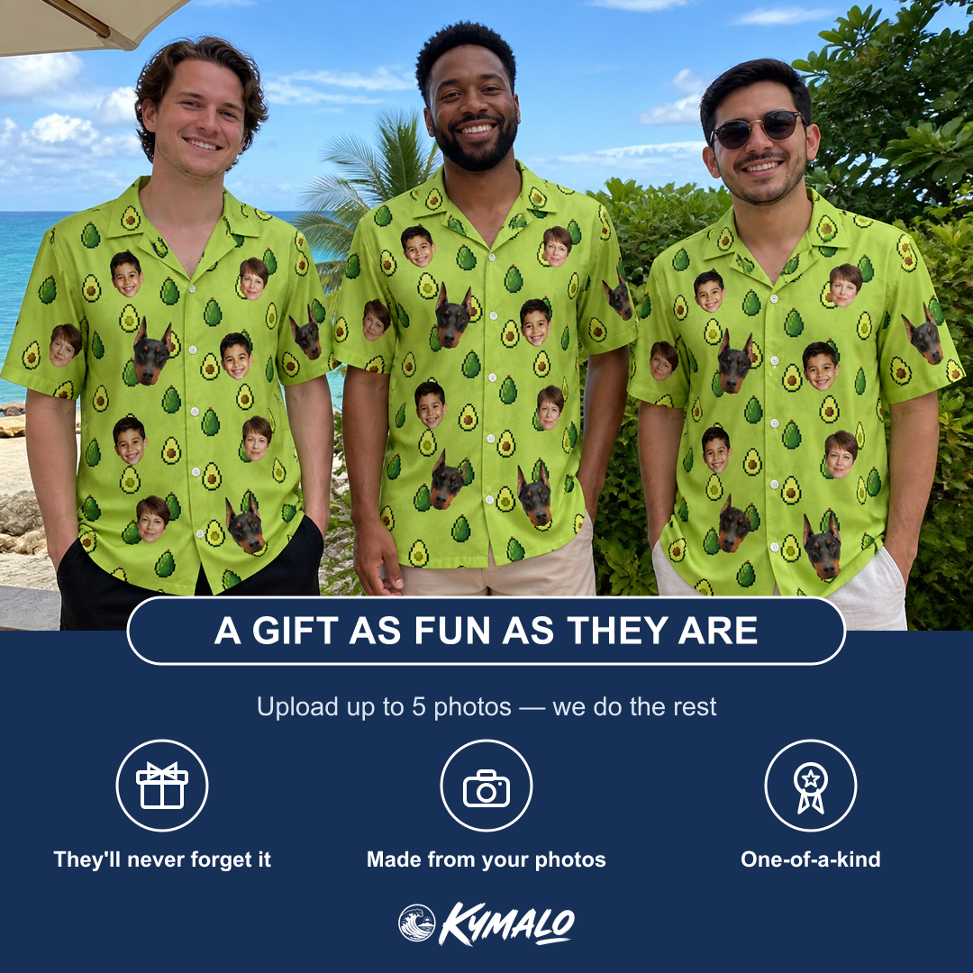 Friends in matching Men's Avo Groove Custom Face Hawaiian Shirt — a group gift photo