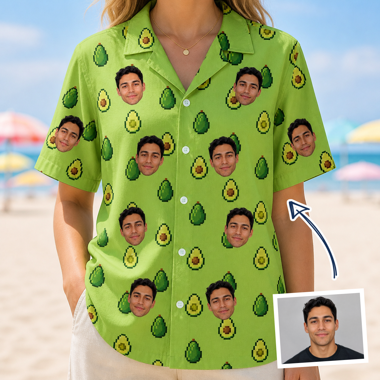 Woman wearing Women's Avo Groove Custom Face Hawaiian Shirt — custom faces printed all-over