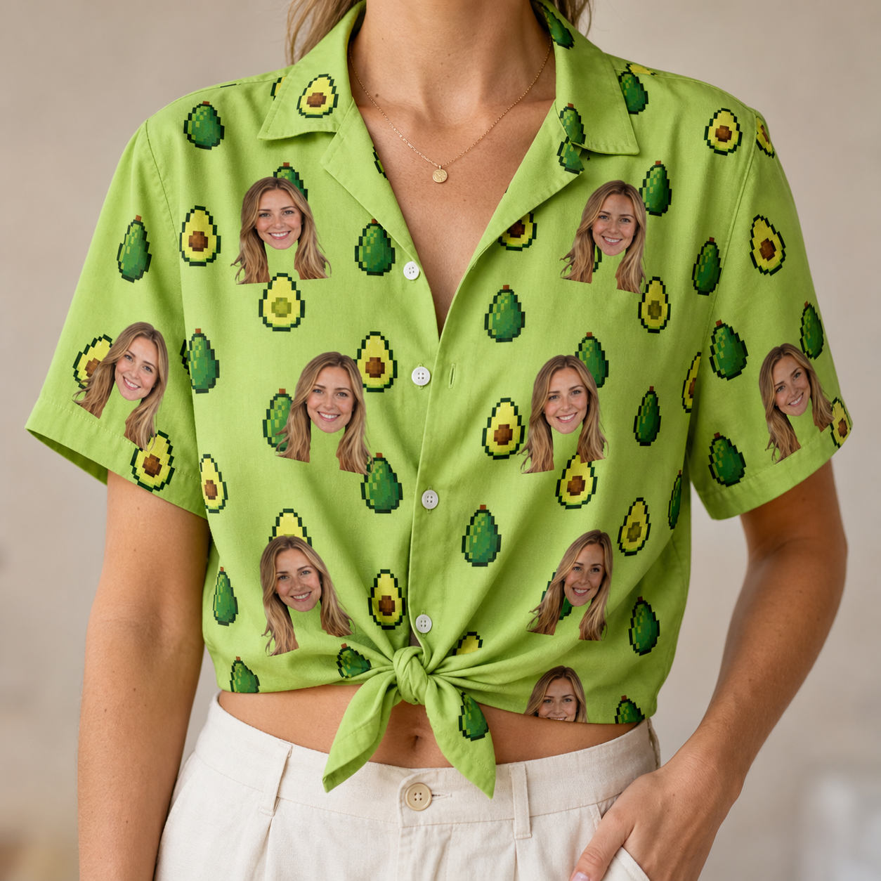 Woman wearing Women's Avo Groove Custom Face Hawaiian Shirt tied at the waist