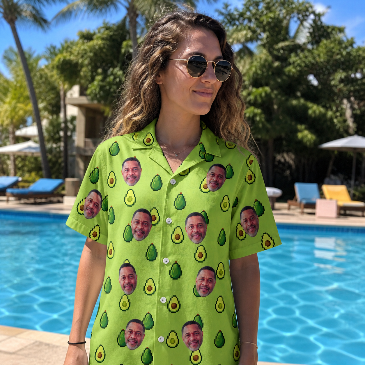 Real-life photo of someone wearing Women's Avo Groove Custom Face Hawaiian Shirt — custom faces printed all-over